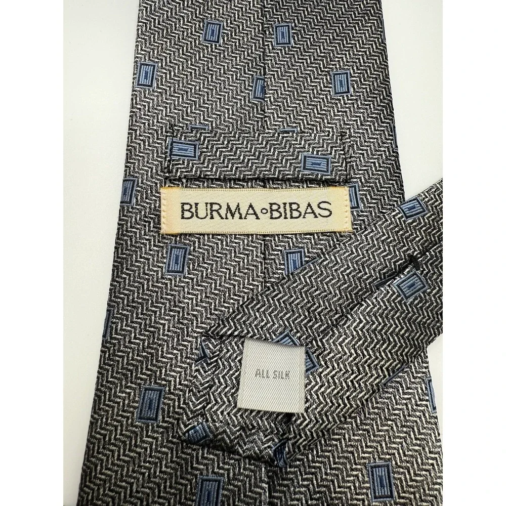 Burma Bibas Silk Tie Gray Blue Geometric Chevron Pattern Classic Length 60